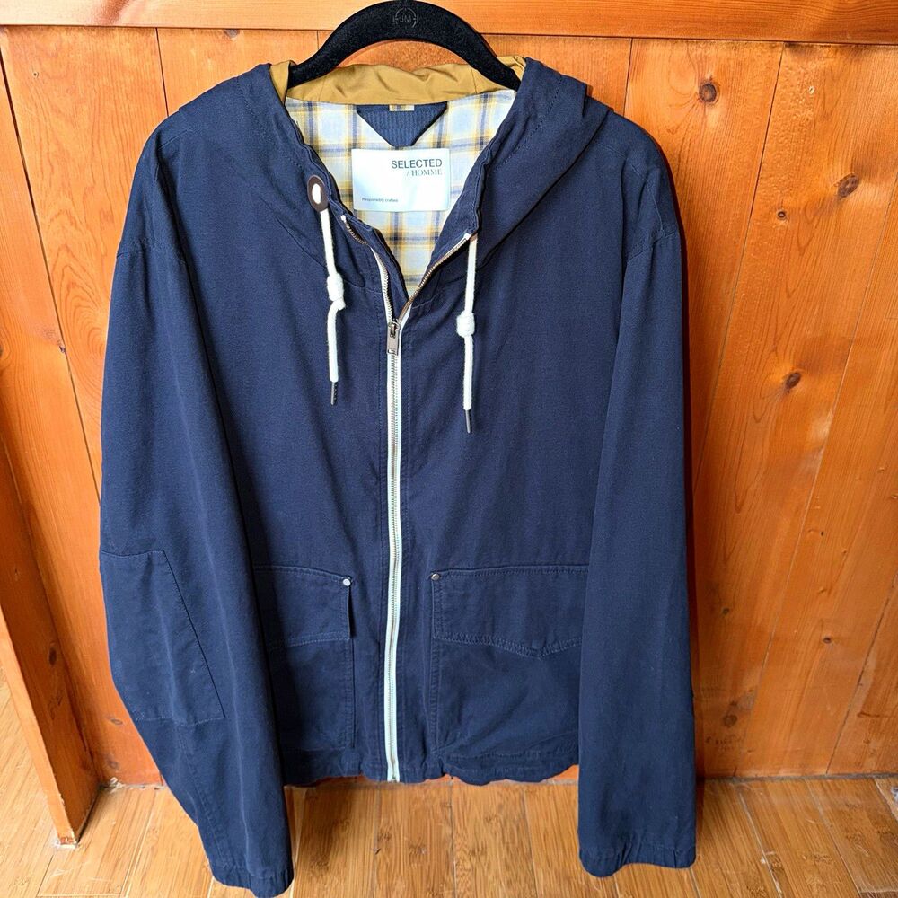 Selected Homme Mens XXL Navy Blue Hooded Utility Jacket Cotton Plaid Lined Coat
